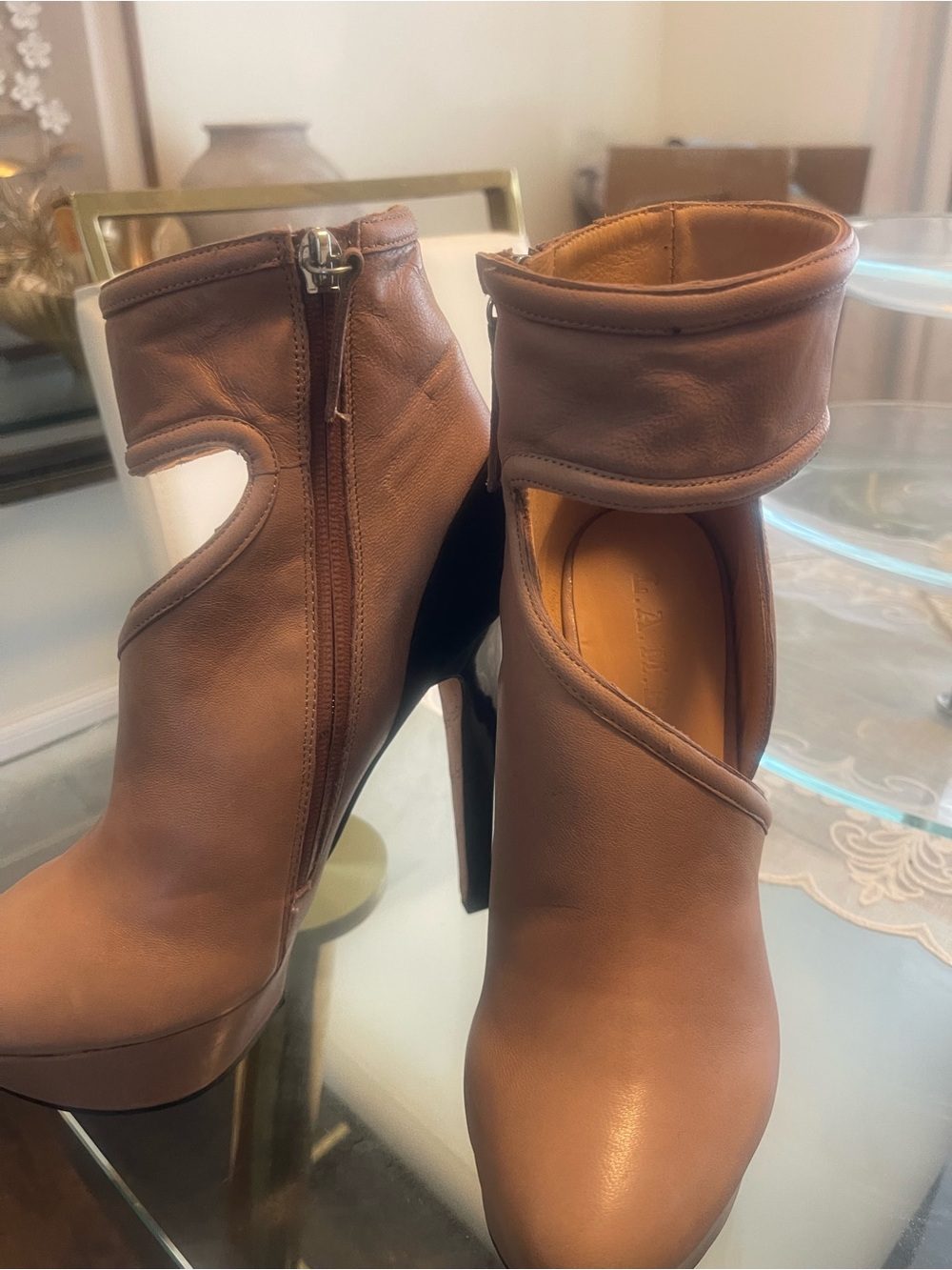 Women’s Tan Leather Cutout Ankle Boots
